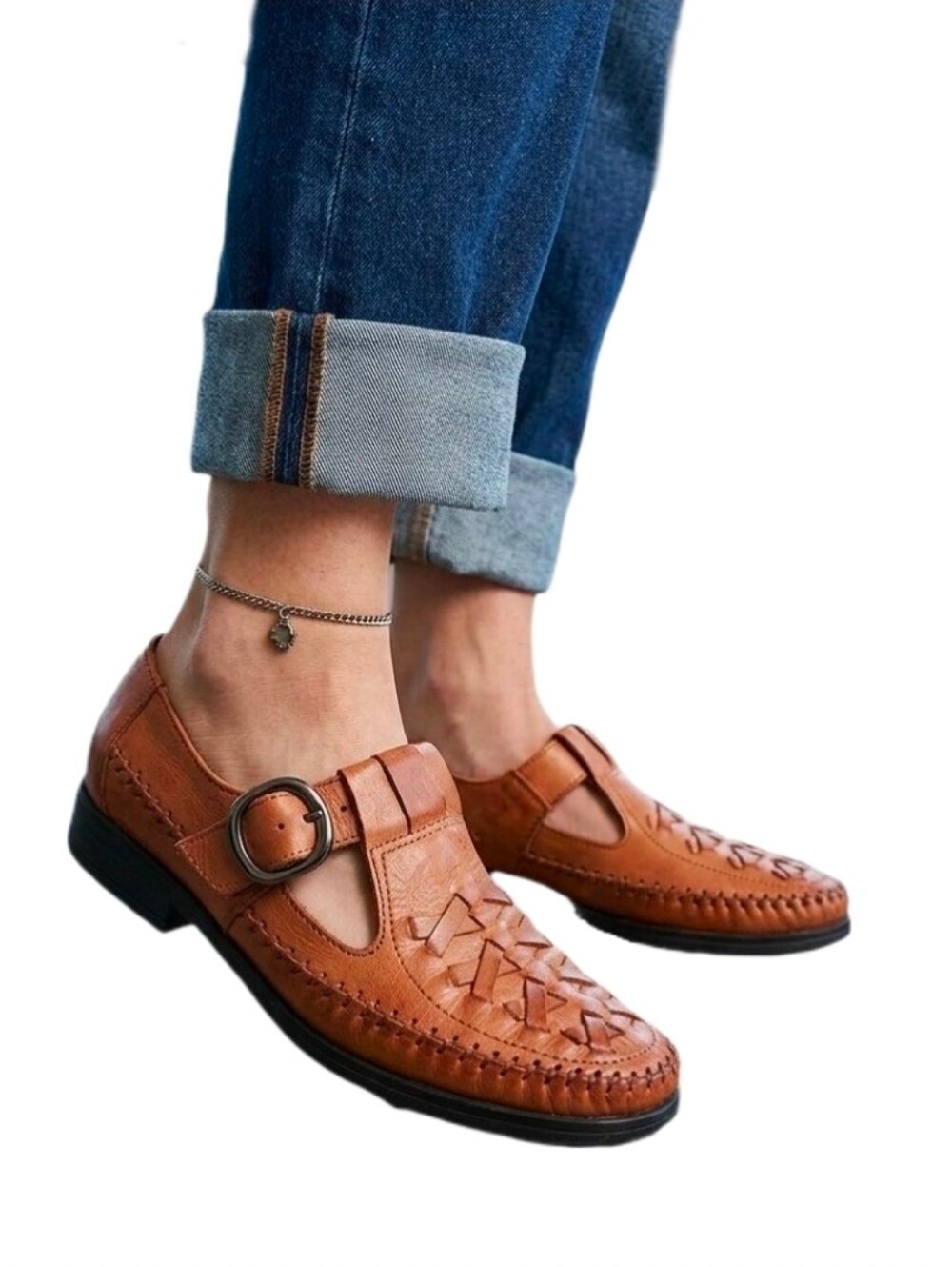 Life Stride Shoes Leather Genuine Woven T-Strap Slip On Brown Size 7N